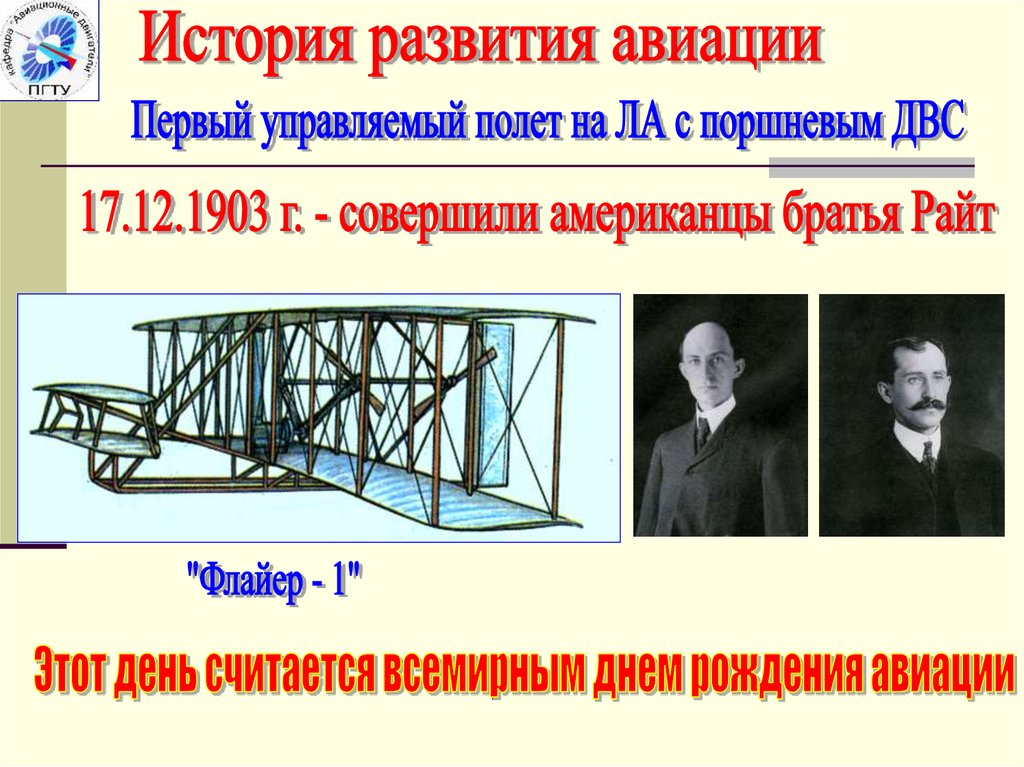 Развитие авиации. Первый полёт братьев Райт 17 декабря. 17 Декабря 1903 года братья Райт. «Флаер» американцев братьев Райт.. История развития авиации в России.