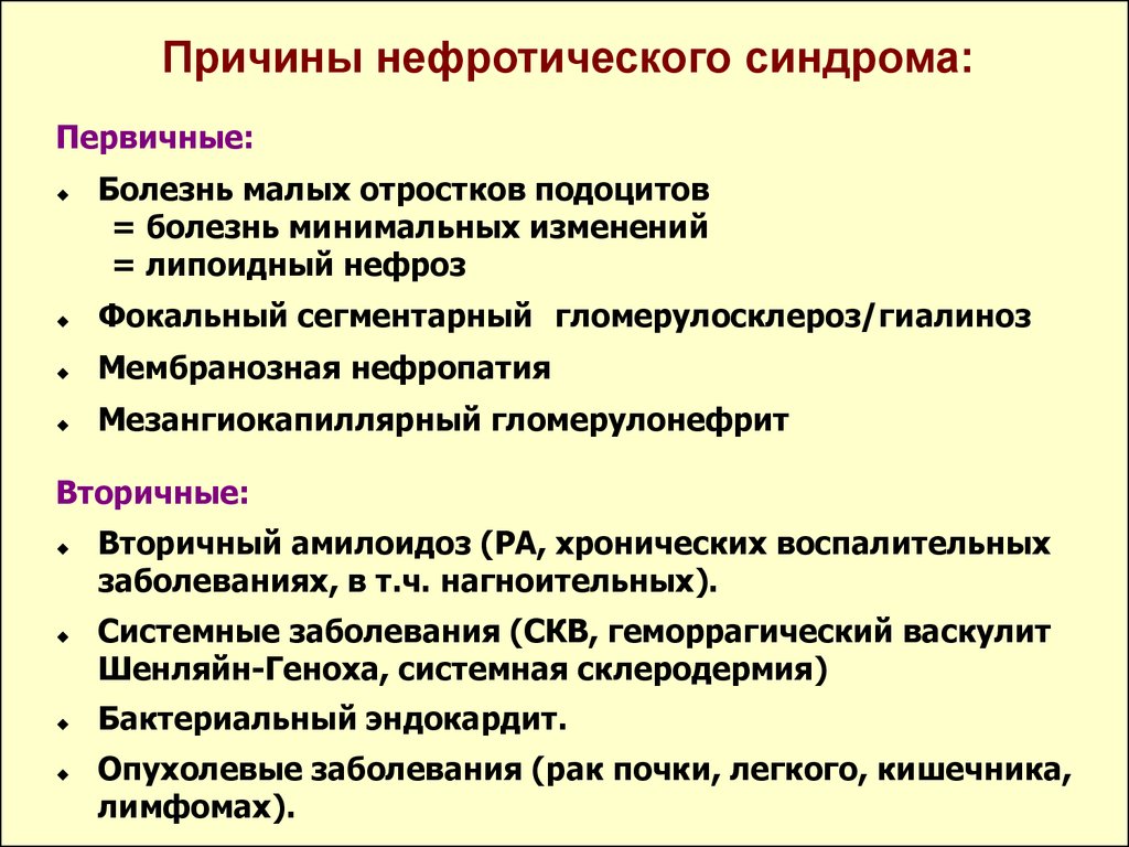 Причинами болезни являются. Причины возникновения нефротического синдрома. Причины первичного и вторичного нефротического синдрома. Причины первичного нефротического синдрома. Основной симптом нефротического синдрома.