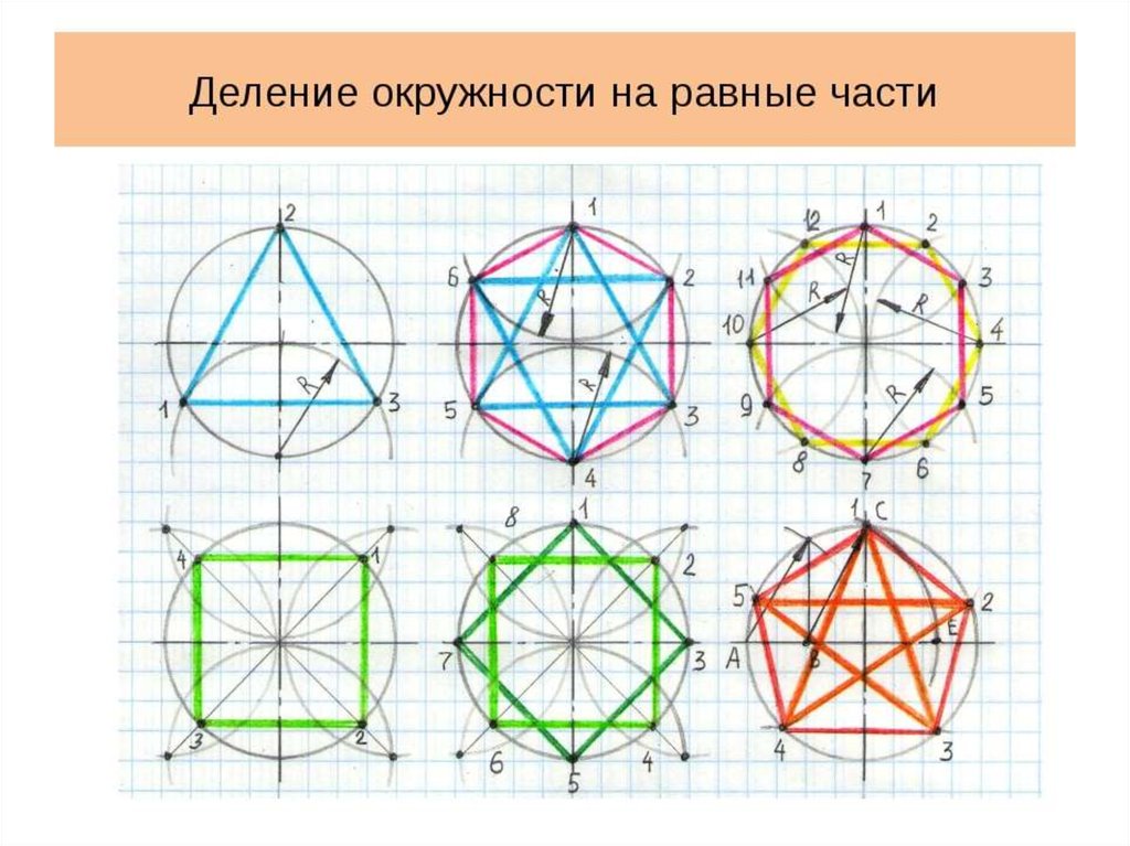 Делим круг. Как разделить окружность на равные части. Деление окружности на равные части. Деление окружности на равные части при помощи циркуля. Как разделить круг на равные части циркулем.