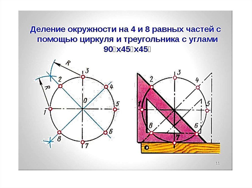 Как разделить круг на 4 части. Деление окружности на 4 части циркулем. Деление окружности на 8 частей циркулем. Деление окружности на 3 части с помощью циркуля. Деление окружности на равные части с помощью циркуля.