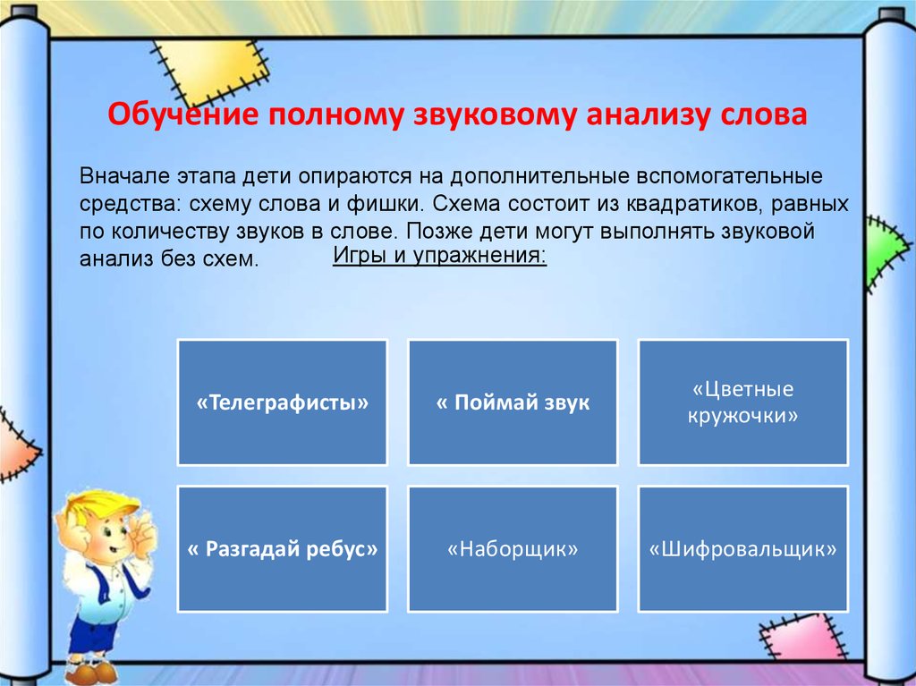 Какие слова анализ. Обучение детей звуковому анализу слова. Методика проведения звукового анализа. Стадии формирования звукового анализа слов. Приёмы и методы звукового анализа.