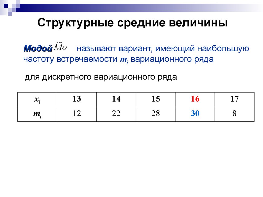 Дискретным вариационным рядом. Структурные средние вариационного ряда. Структурные величины. Структурными средними вариационного ряда являются:. Модой вариационного ряда называется.