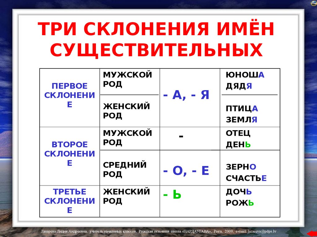 Язык какое склонение. Таблица три склонения имен существительных 4 класс школа России. 