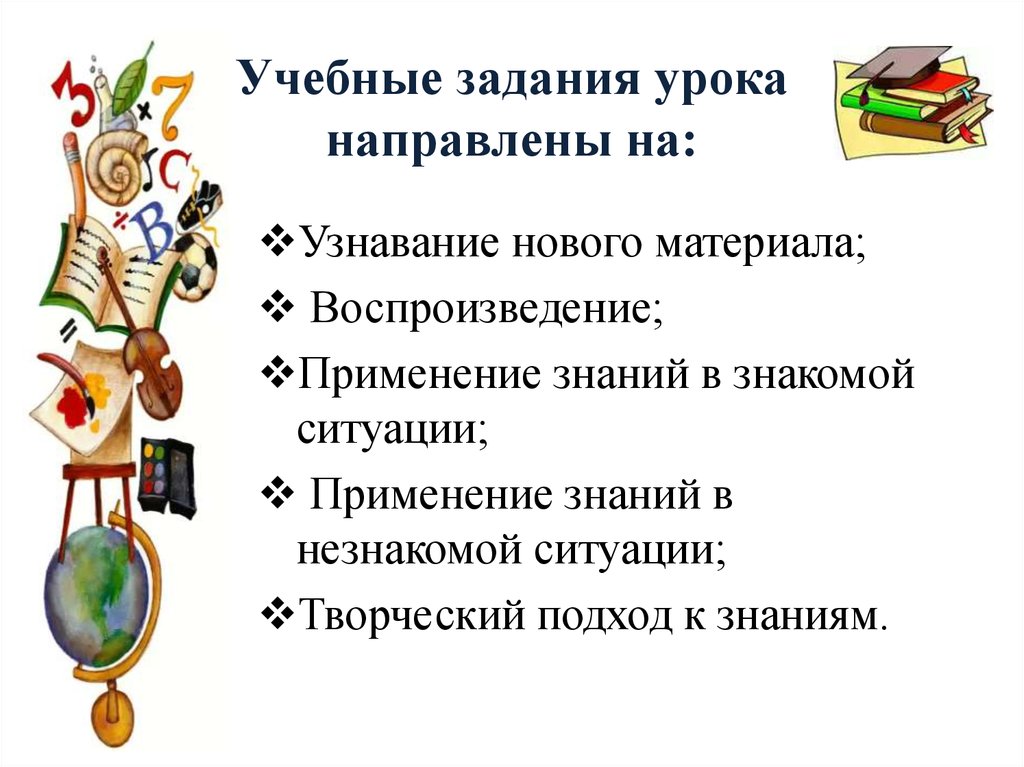 Культурная жизнь конспект урока 6 класс. Учебное задание это. Применение знаний в незнакомой ситуации. Учебные задачи в конспекте занятия. Задание на воспроизведение на применение знаний.