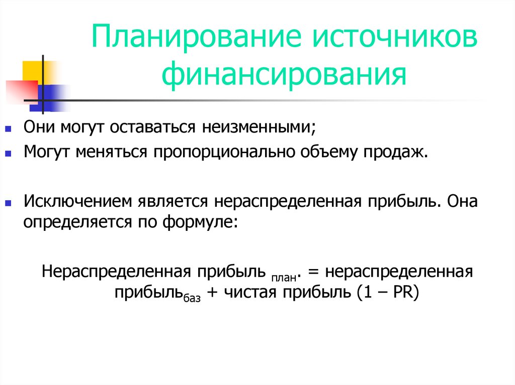 Пропорционально объему. Планирование источников финансирования. Расчет нераспределенной прибыли. Планируемые источники финансирования. Формула расчета нераспределенной прибыли.