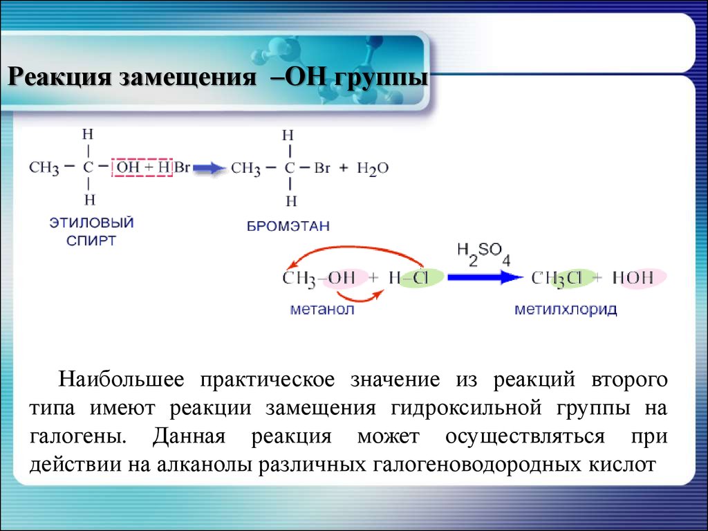 Реакции на гидроксильную группу. Реакция замещения спиртов. Реакции замещения гидроксильной группы у спиртов.