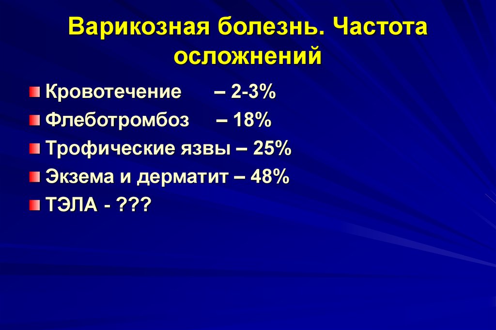 Частота больно. Осложнения варикозной болезни. Осложнения варикозной болезни Тэла. Частота осложнений язвы. Трофические язвы осложненные кровотечением мкб 10.