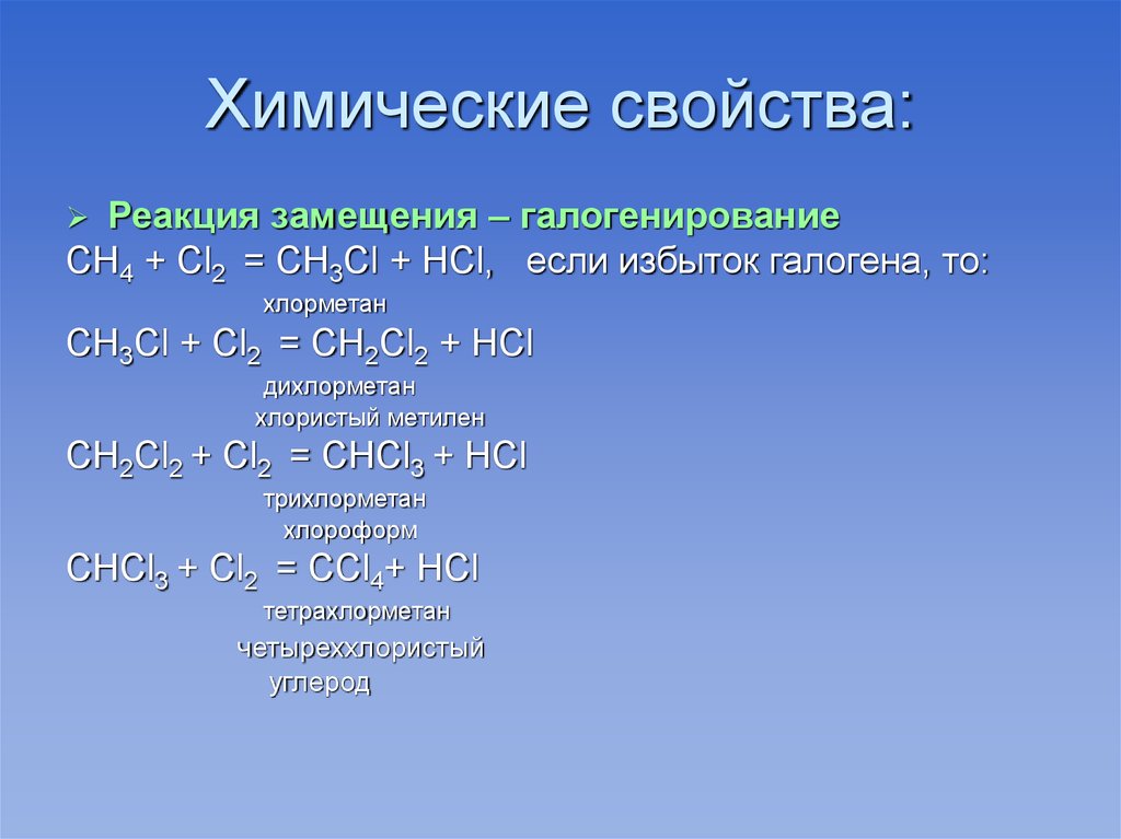 Реакция замещения cl2. Химические свойства реакции замещения. Характеристика реакции замещения. Хлороформ химические свойства. Хлор химические свойства.