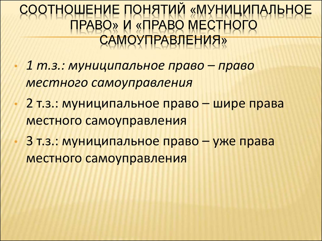 Понятие муниципального. Муниципальное право и местное самоуправление. Соотношение понятий муниципального права и местного самоуправления. Муниципальное право - право местного самоуправления. Термины муниципальный и местное самоуправление.