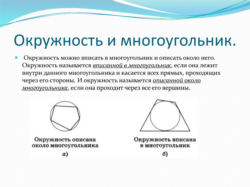 Дайте определение окружности вписанной в многоугольник. Многоугольник описанный около окружности. Описанная окружность многоугольника. Вписанный и описанный многоугольник в окружность. Окружность описанная вокруг многоугольника.
