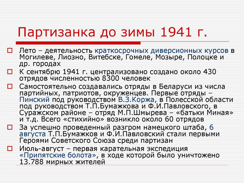 Партизанка до зимы 1941 г.