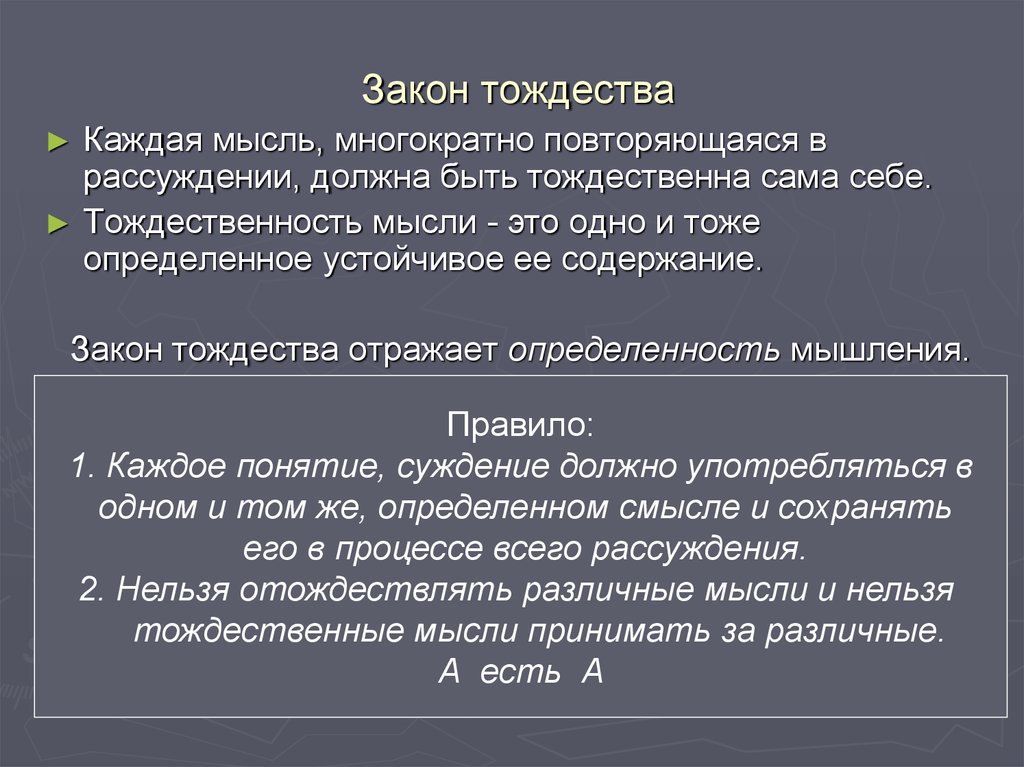 Закон противоречия. Закон тождества. Закон тождества Фихте. Закон тождества в логике. Смысл закона тождества.