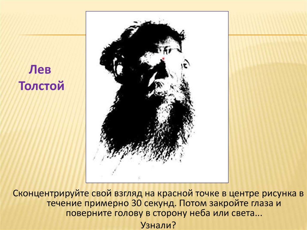 Свой взгляд. Сконцентрируйте взгляд на 30 секунд. Иллюзия Лев толстой. Взгляд направленный в одну точку. Иллюзия восприятия сконцентрируйте свой взгляд.