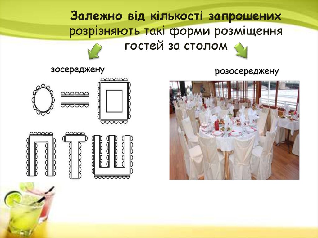 Залежно від кількості запрошених розрізняють такі форми розміщення гостей за столом