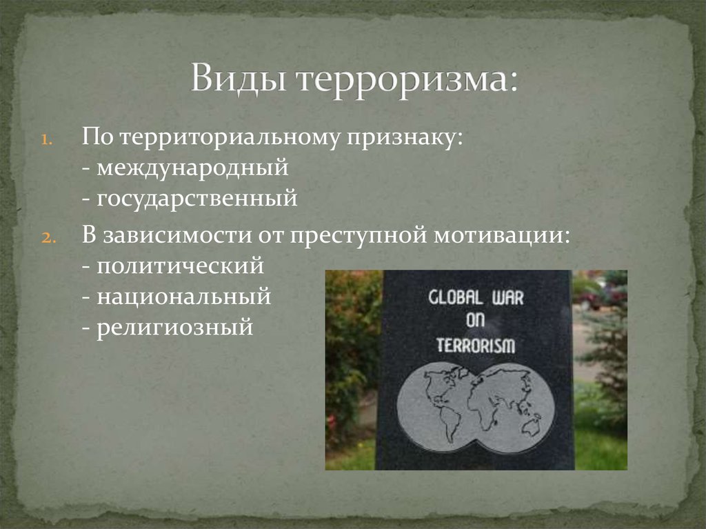 Территория признаки. Виды терроризма по территориальному признаку. Территориальный терроризм. Виды терроризма в зависимости от преступной мотивации. Признаки государственного терроризма.