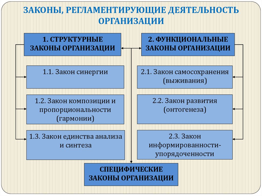 Организация деятельности учреждения. Функциональные законы организации. Законы регламентирующие деятельность предприятия. Структурные законы организации. Закон регламентирующий деятельность.