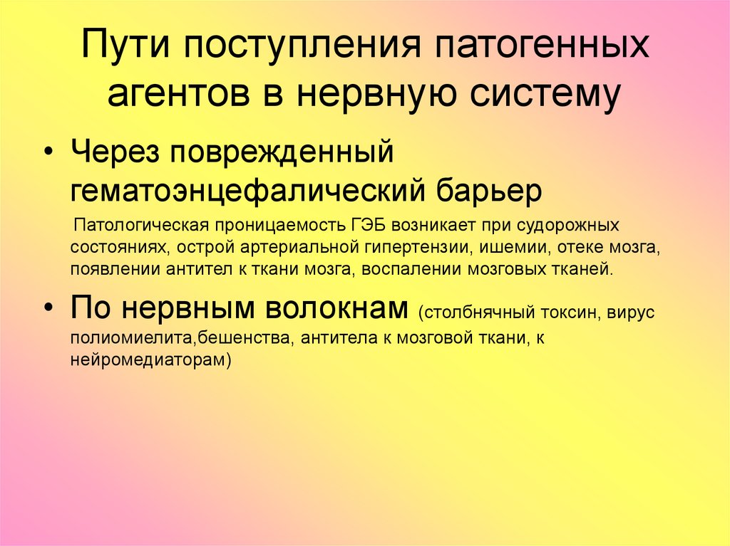 Путь приема. Поступление патогенных агентов в нервную систему. ГЭБ патофизиология. Гематоэнцефалический барьер патофизиология. Пути поступления патогенных агентов в ЦНС.