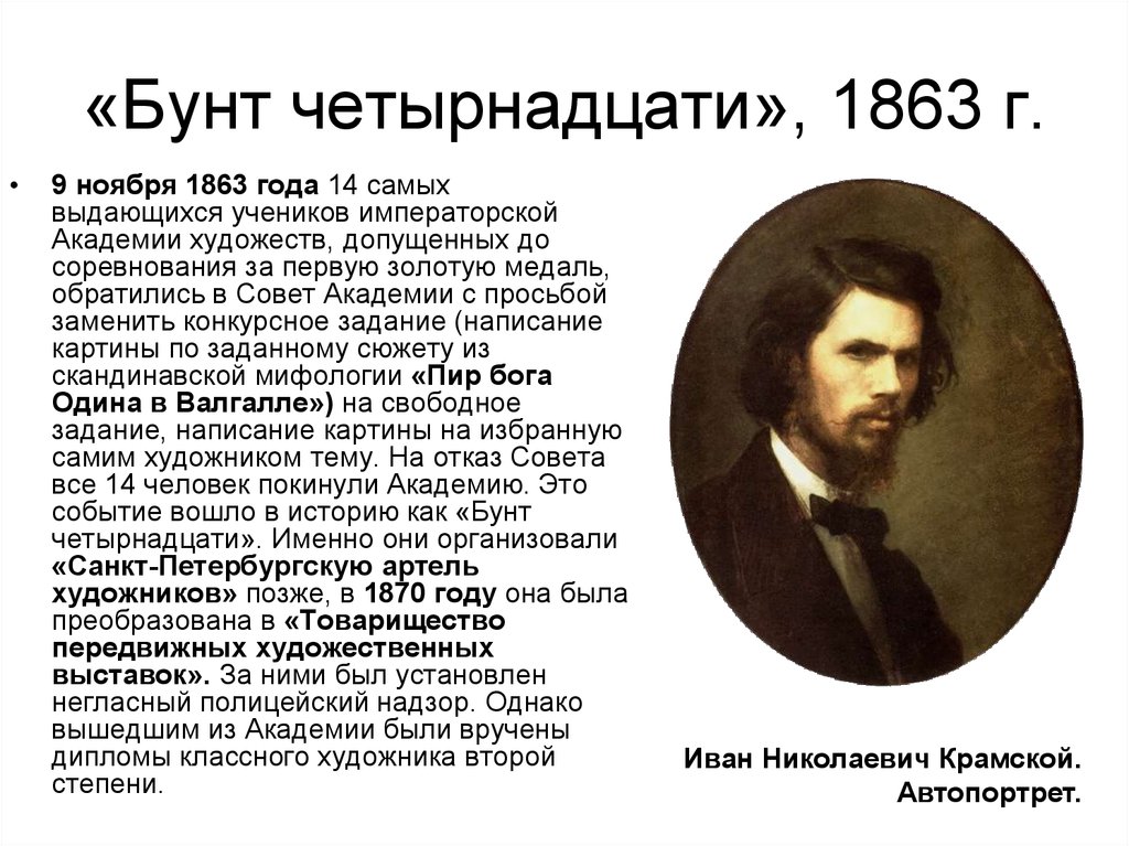 9 ноября какой. Иван Крамской бунт 14. Артель художников 1863 Крамской. Бунт 14 передвижники. 1863 Бунт четырнадцати.