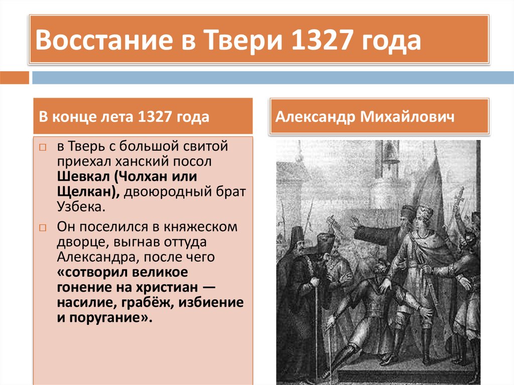 Восстание князей. Восстание в Твери 1327 Чолхан. Подавление Восстания в Твери 1327. Иван Калита подавление Восстания в Твери. Последствия антиордынского Восстания в Твери 1327 года.