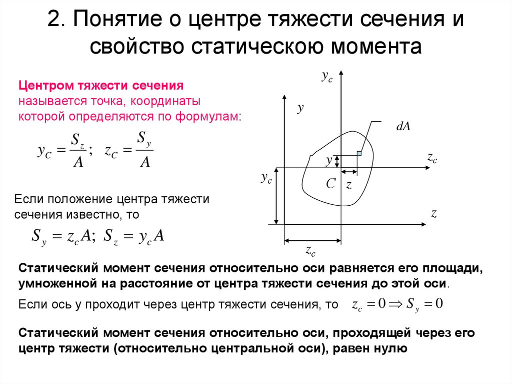 Центр тяжести сечения. Формула для определения центра тяжести плоских сечений. Статические моменты плоских сечений. Формулы для определения положения центра тяжести плоских сечений. Статические моменты центр тяжести сечения.