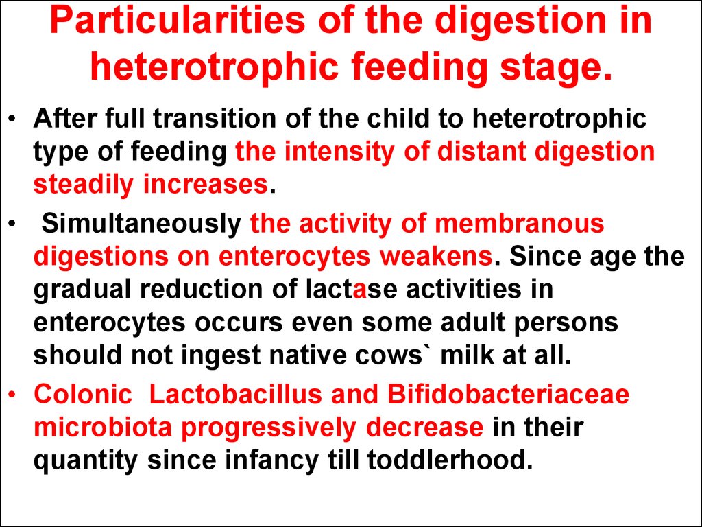 Particularities of the digestion in heterotrophic feeding stage.