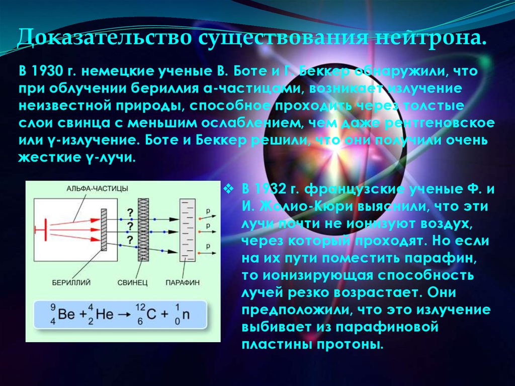 Кому из ученых принадлежит открытие протона. Открытие нейтрона боте и Беккер. Доказательство существования нейтрона. Открытие нейтрона презентация. Открытие нейтрона опыт.
