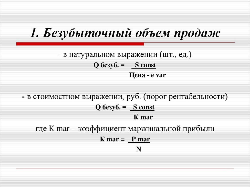 Порог рентабельности в натуральном выражении