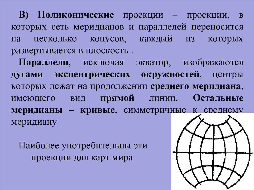 Характеристика проекции. Поликоническая картографическая проекция. Равноугольная поликоническая проекция. Поликоническая проекция ЦНИИГАИК. Дуги эксцентрических окружностей.