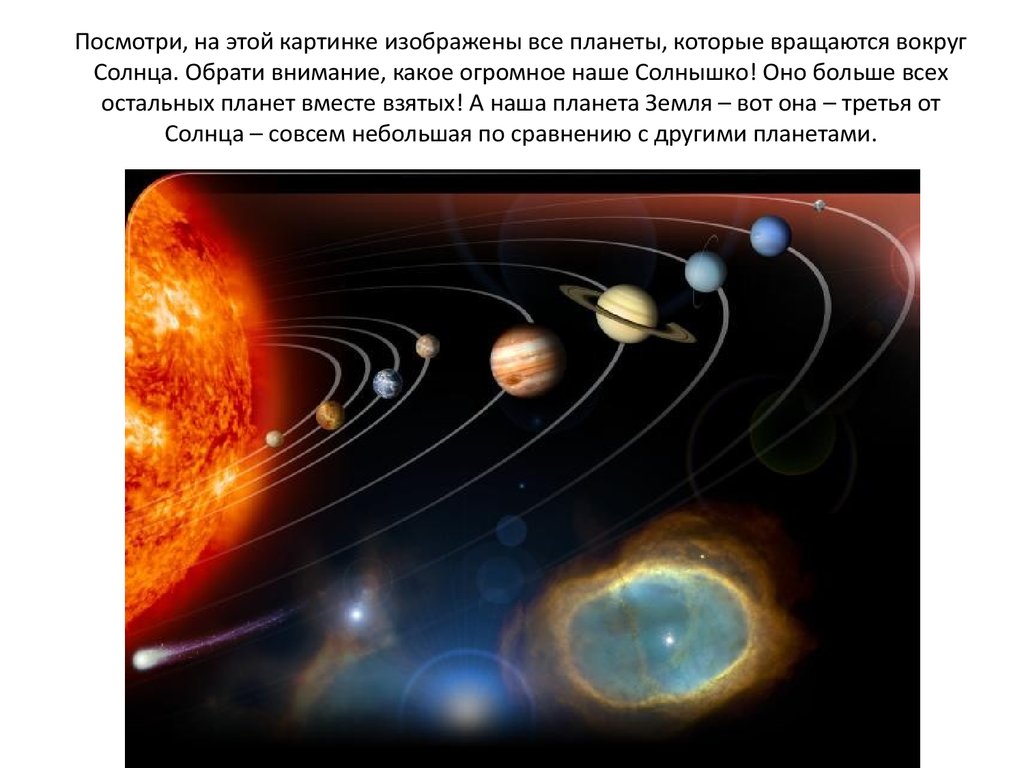 Посмотри, на этой картинке изображены все планеты, которые вращаются вокруг Солнца. Обрати внимание, какое огромное наше Солнышко! Оно боль