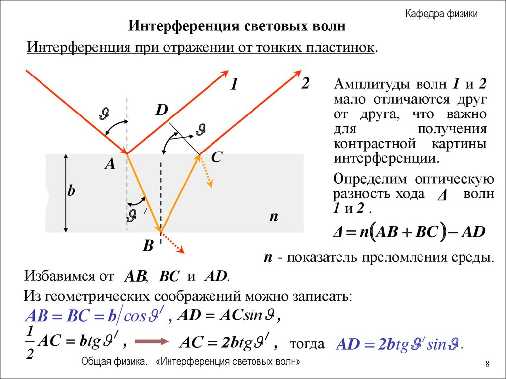 Интерференция световых волн. Интерференция в тонких пленках толщина пленки. Интерференция в тонких пленках формула. Оптическая разность хода интерферируемых лучей.. Интерференция света в тонких пленках формулы.