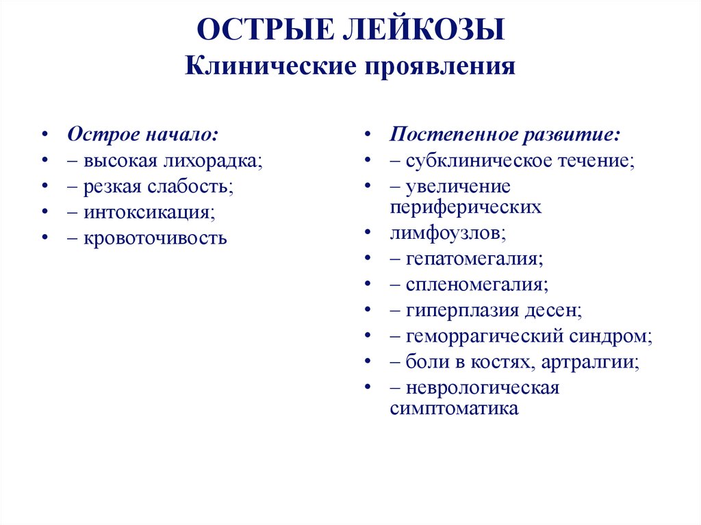 Симптомы острого лейкоза. Клинические симптомы острого лейкоза. Перечислите основные клинические проявления лейкозов.