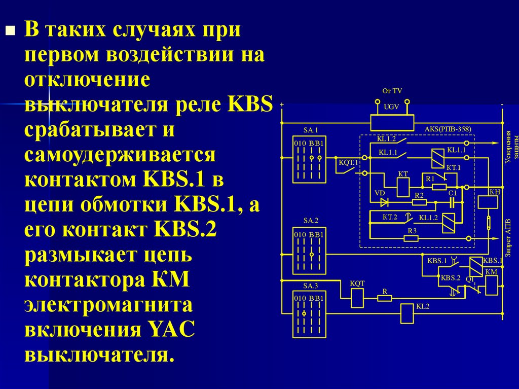 Сообщение автоматическое устройство. Реле KBS. Цепь отключения выключателя релейной защитой. Выключатель реле KBS. Самоудерживающиеся реле.