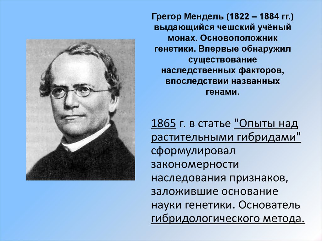 Грегор Мендель (1822 – 1884 гг.) выдающийся чешский учёный монах. Основоположник генетики. Впервые обнаружил существование