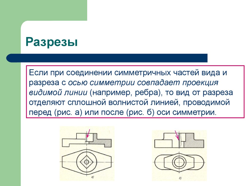 Если вид и разрез симметричны то на чертеже рекомендуется соединить половину вида