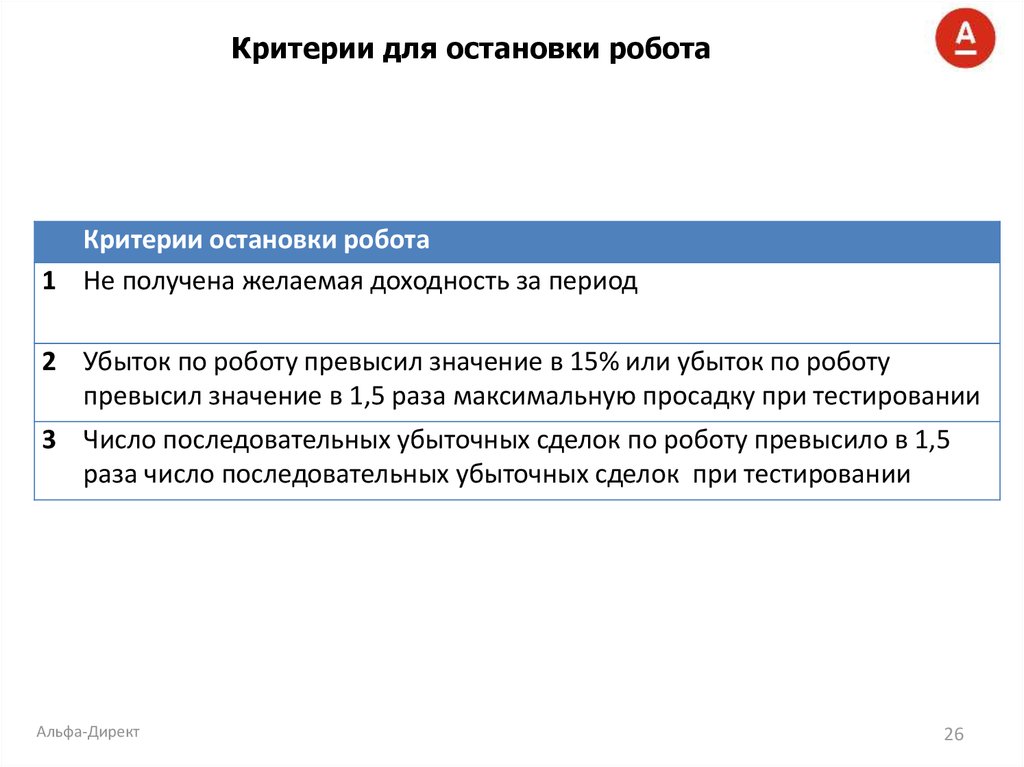 Критерии для остановки робота