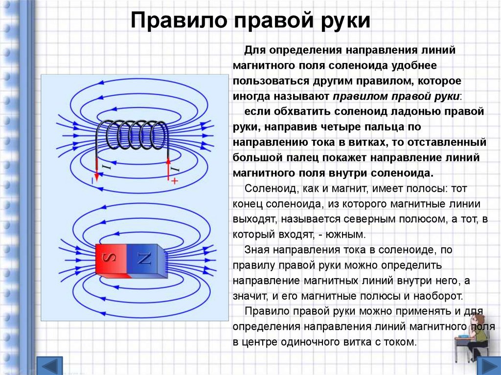 Магнитное поле внутри витка с током. • Вектор магнитной индукции (правило правой руки для прямого тока). Магнитная индукция конечного соленоида. Определение магнитной индукции по правилу правой руки. Линии магнитной индукции соленоида.
