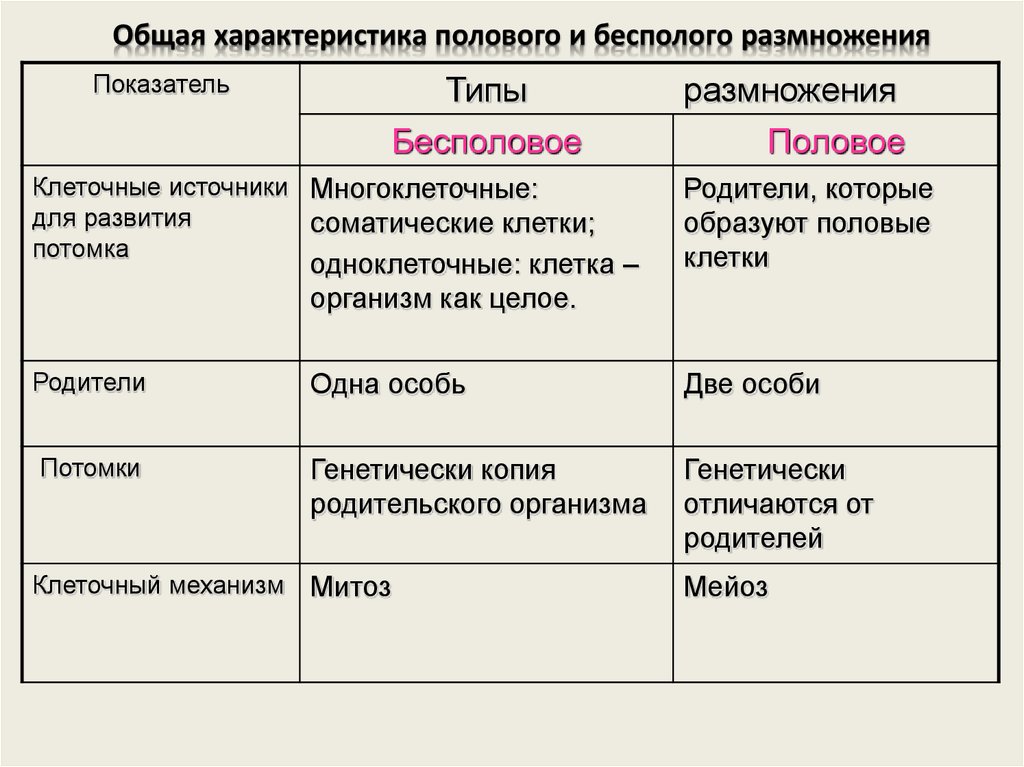 Бесполое размножение таблица