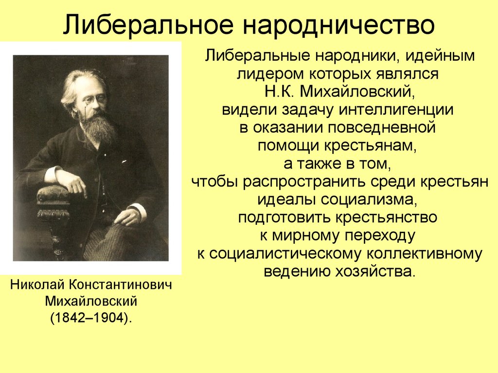 Народничество автор. Общественное движение второй половины 19 века народничество. Михайловский Короленко либеральное народничество. Писатели народники 19 века в России. Н К Михайловский о либеральном народничестве.