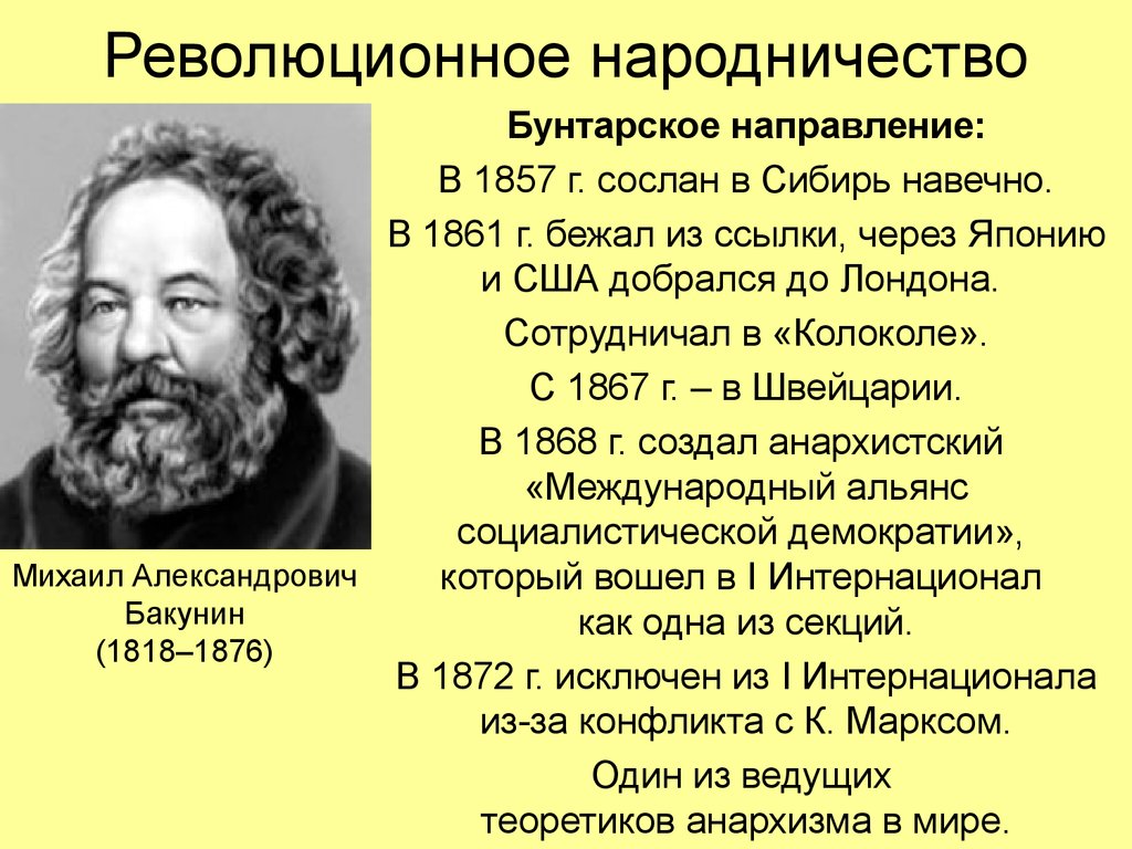 Анархистское народничество. Бакунин направление народничества. Бунтарское народничество Бакунин. Основоположники народничества. Революционное народничество.