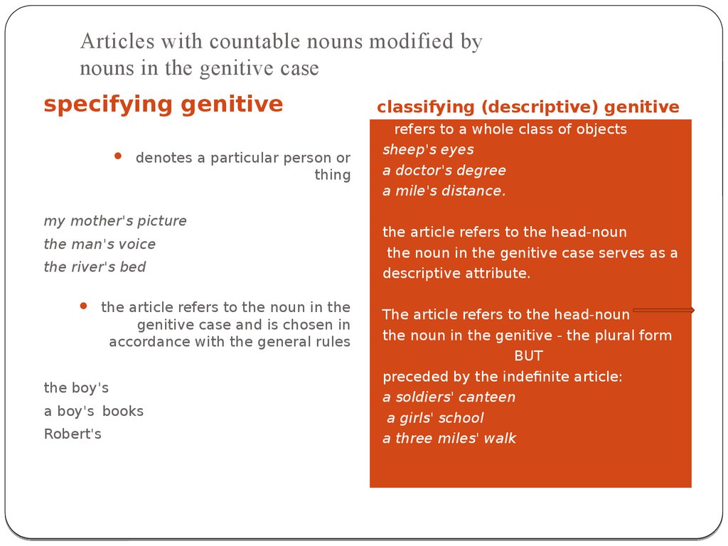 Noun articles. Specifying genitive and the classifying genitive.. Articles with countable Nouns. Genitive classifying specifying правило. Nouns and articles.