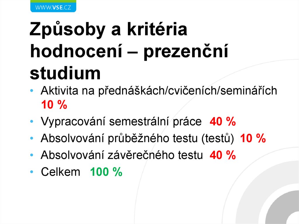 Způsoby a kritéria hodnocení – prezenční studium