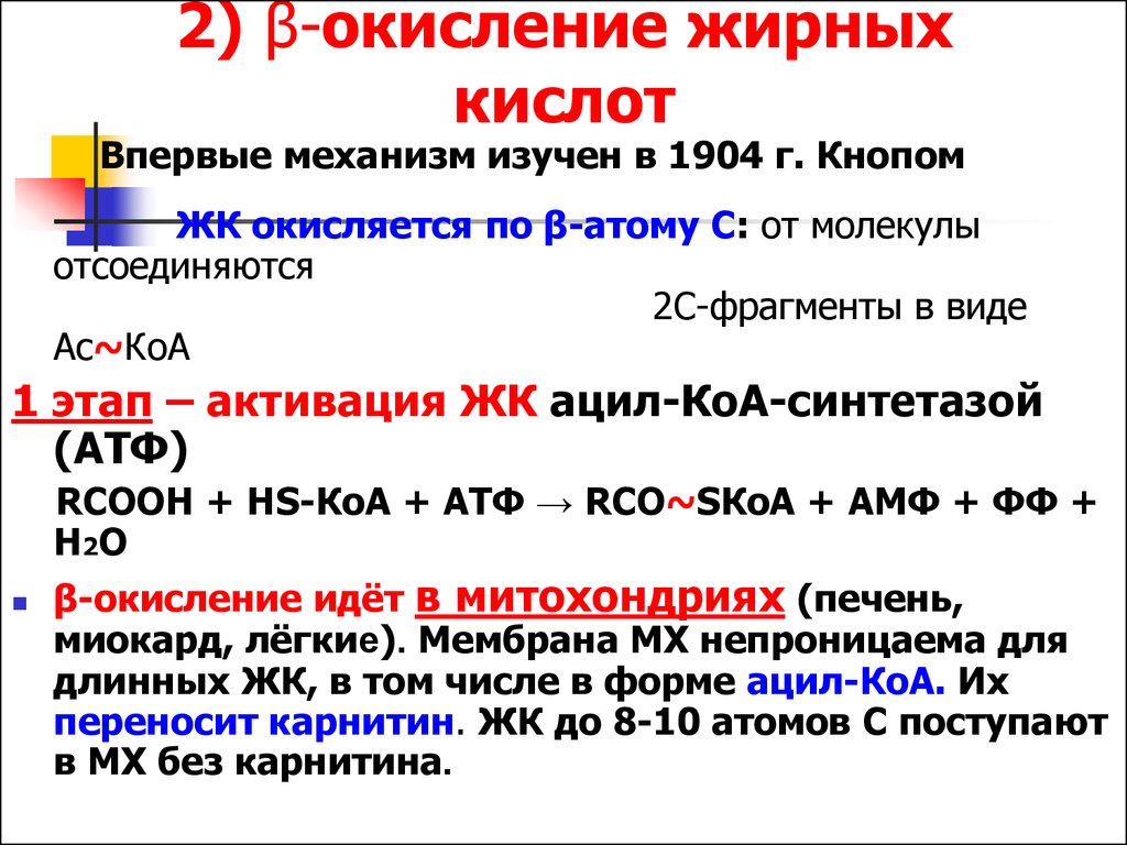 Окисление кислот. Конечный продукт бета окисления жирных кислот.