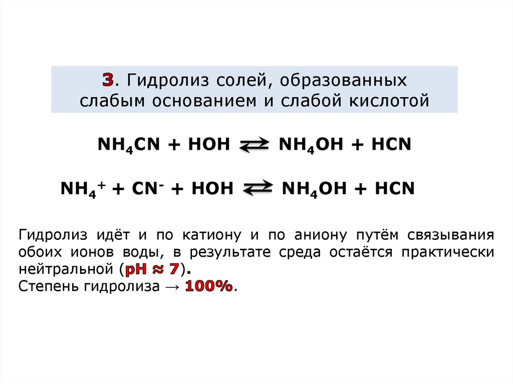 Гидролиз какая среда. Гидролиз соли слабого основания и слабой кислоты. Гидролиз солей слабых кислот и оснований.. Цианид аммония гидролиз. Гидролиз солей катион сильного основания и анион слабой кислоты.