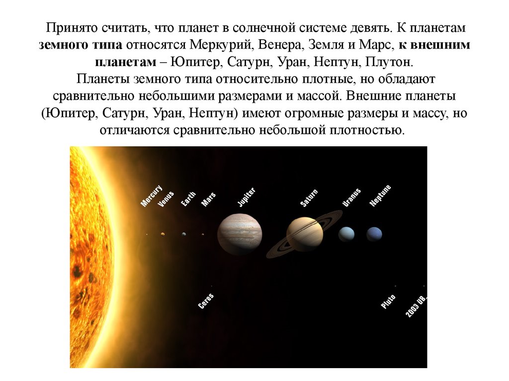 Принято считать, что планет в солнечной системе девять. К планетам земного типа относятся Меркурий, Венера, Земля и Марс, к внешним планетам