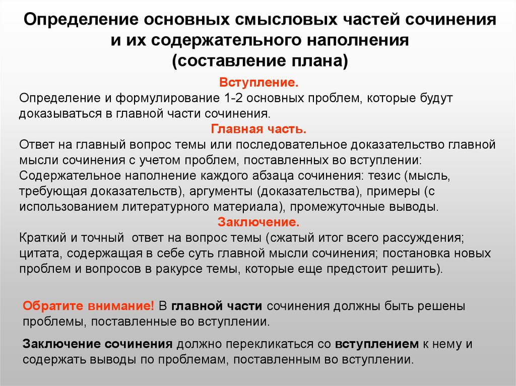 Определить вступать. Смысловые части сочинения. Основная часть сочинения. Постановка сочинения. Что должно быть в основной части сочинения.