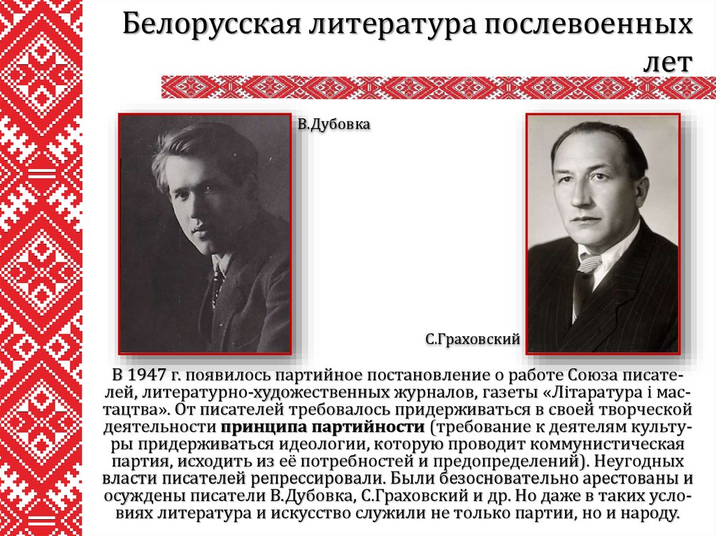 Какие произведения белорусского писателя. Белорусская литература. Литература Беларуси. Литература в послевоенные годы. Белорусские Писатели презентация.