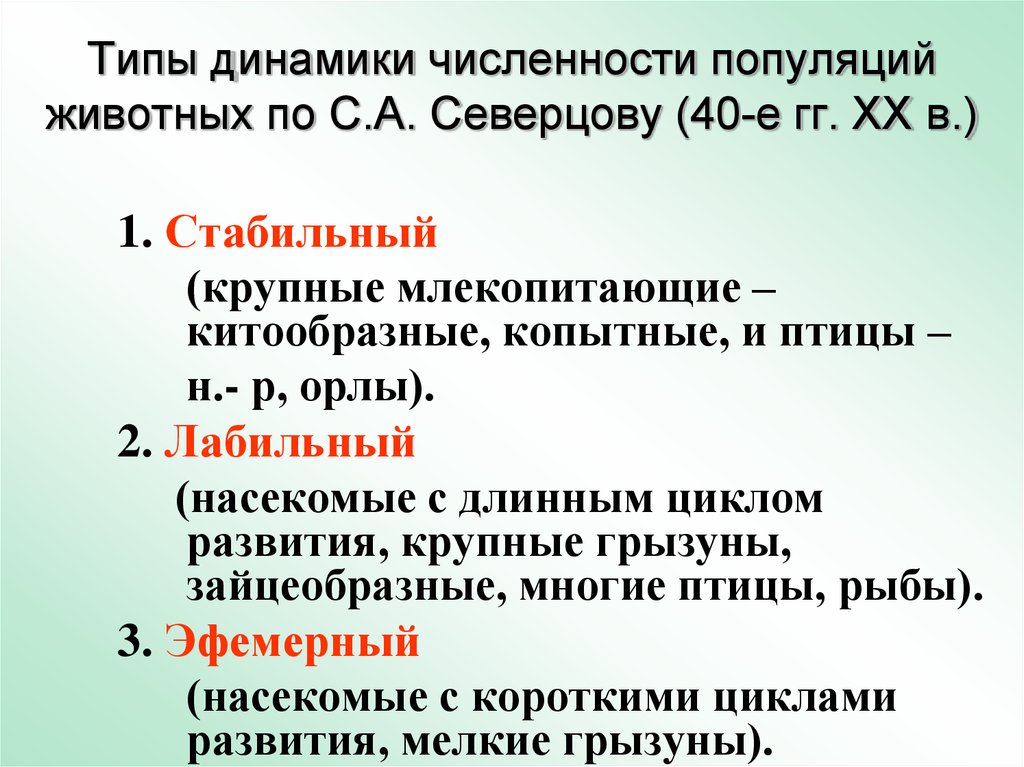 Типы динамики численности популяций животных по С.А. Северцову (40-е гг. XX в.)