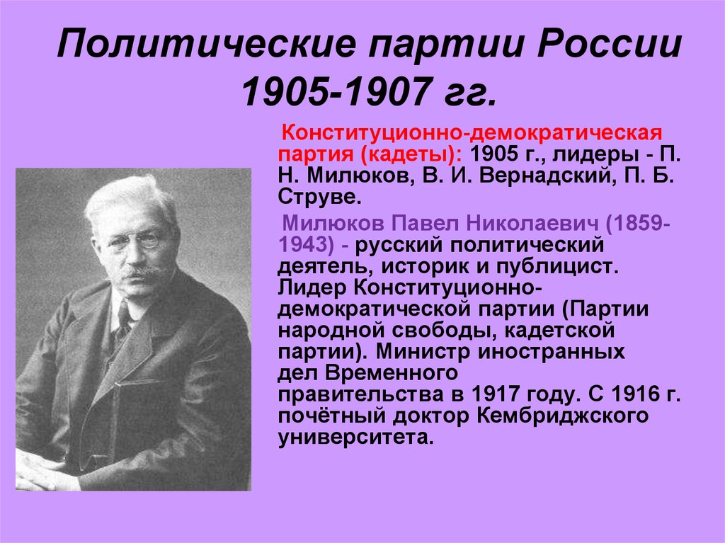 Политические 1905. Павел Милюков партия. Павел Николаевич Милюков партия. Руководитель кадетов 1905. Политические партии России в 1905 - 1907 гг.