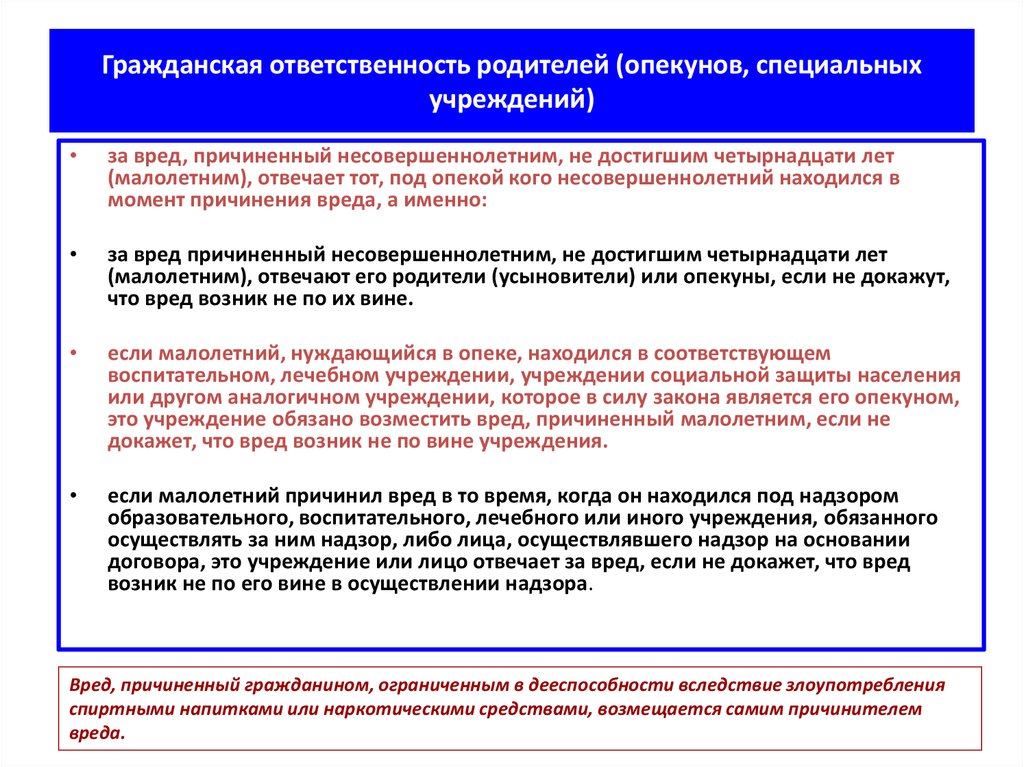 Обязанность родителей опекунов. Гражданско-правовая ответственность родителей. Ответственность за вред причиненный несовершеннолетними. Ответственность попечителя. Ответственность опекунов.