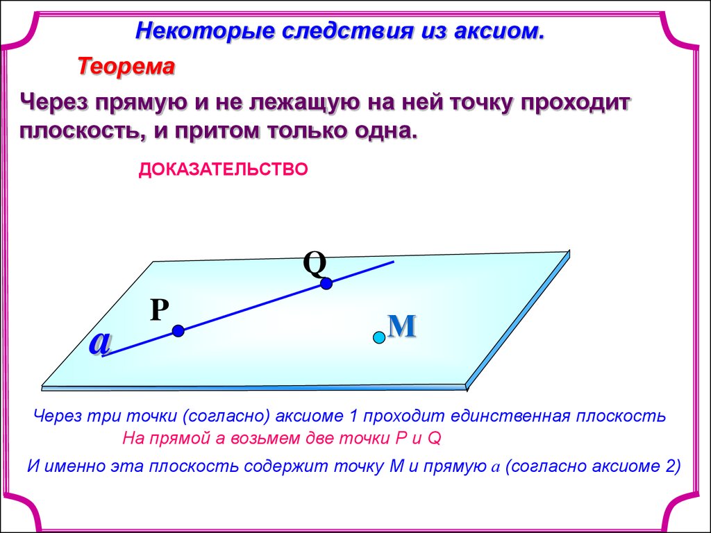 Плоскость проходит через одну из двух. Доказательство теоремы 2 следствия из аксиом. Теорема 2 из Аксиомы 2. Первое следствие из аксиом стереометрии доказательство. Теоремы следствия из аксиом стереометрии.